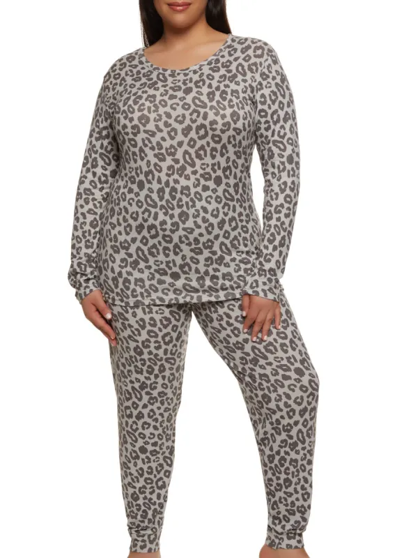 Plus Size Leopard Print Long Sleeve Pajama Top and Pants sold by Rainbow