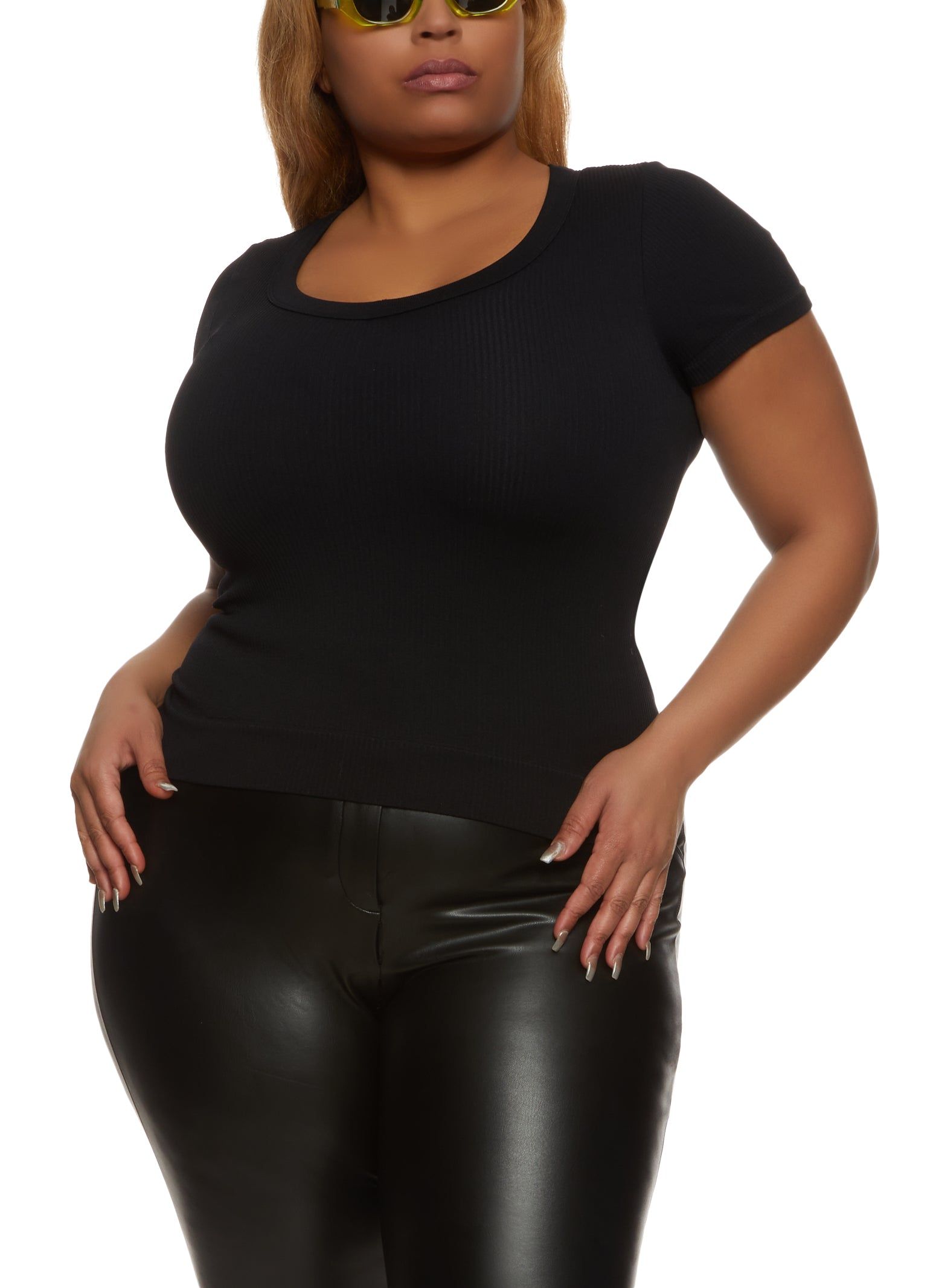 Plus Size Rib Knit Short Sleeve Seamless Tee sold by Rainbow