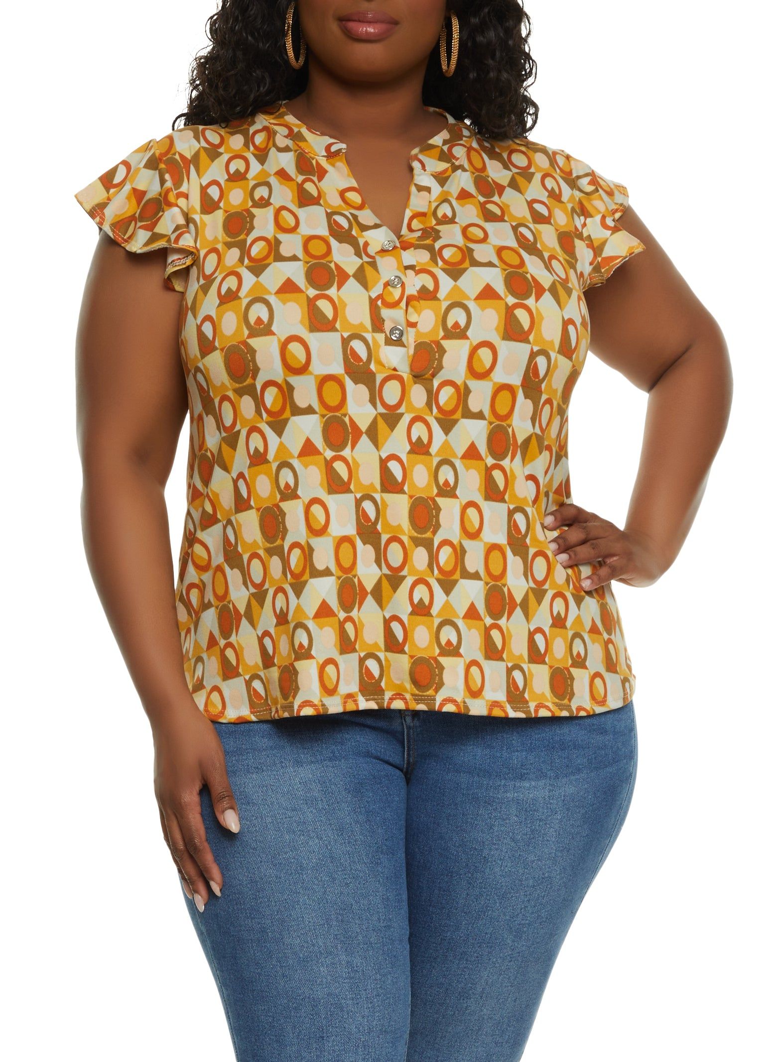 Plus Size Geometric Print Flutter Sleeve Blouse sold by Rainbow