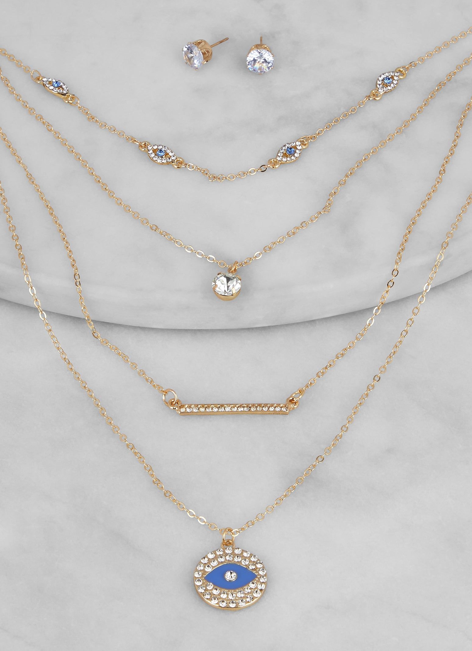 Rhinestone Evil Eye Layered Chain Necklace and Stud Earrings sold by Rainbow product image thumbnail 2