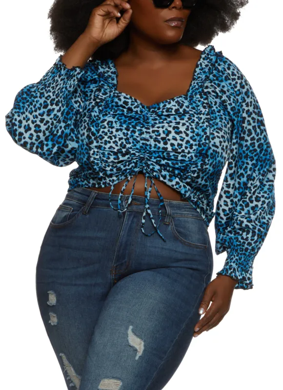 Plus Size Animal Print Ruched Front Puff Sleeve Blouse sold by Rainbow