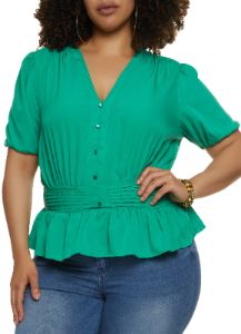 Plus Size Faux Button Tie Back Peplum Top sold by Rainbow