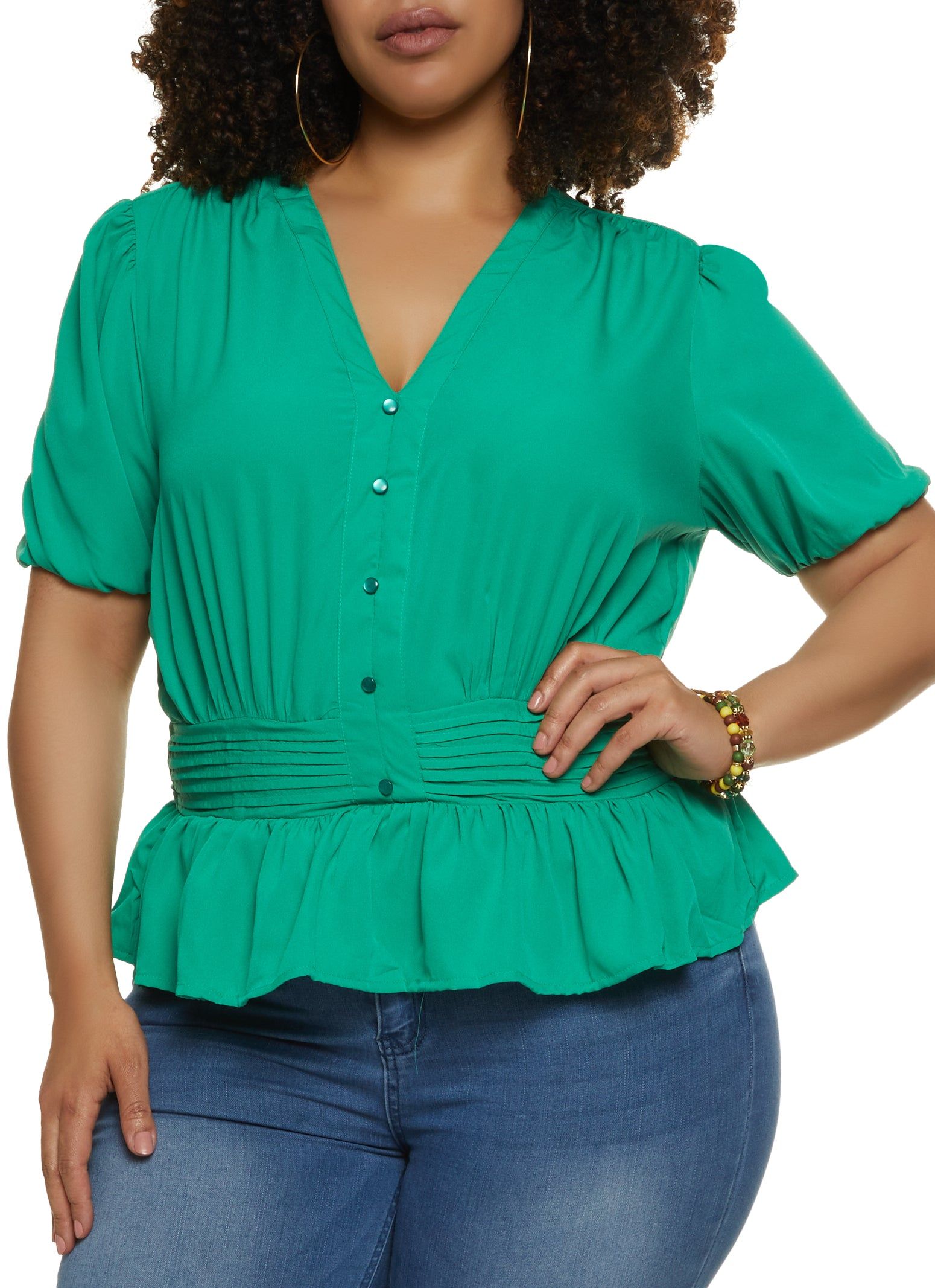 Plus Size Faux Button Tie Back Peplum Top sold by Rainbow