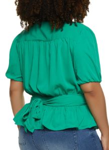 Plus Size Faux Button Tie Back Peplum Top sold by Rainbow