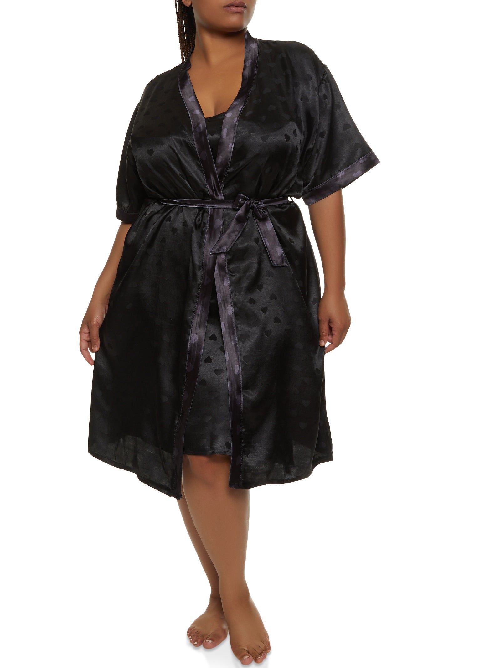 Plus Size Heart Print Satin Chemise with Robe sold by Rainbow