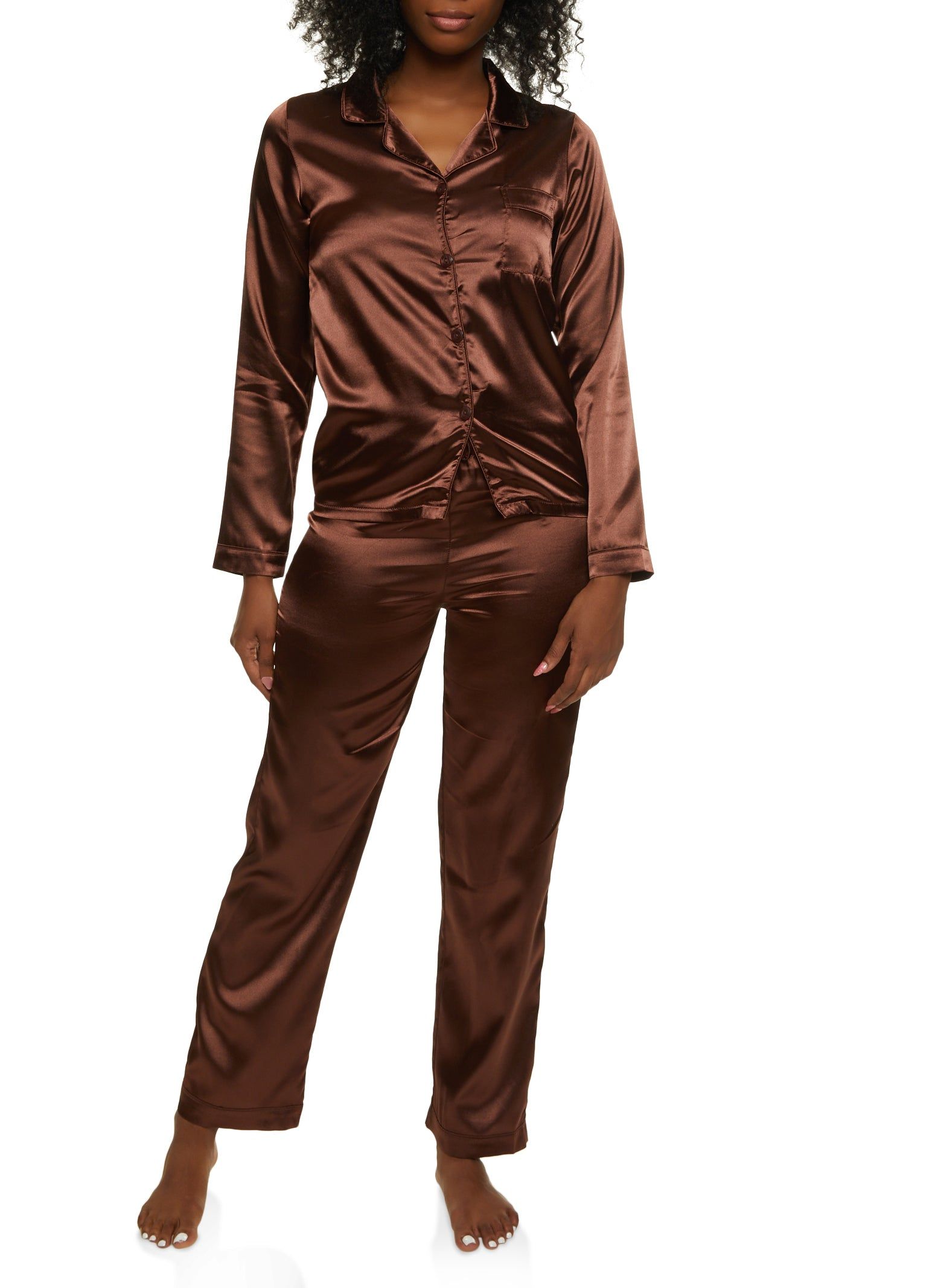 Satin Long Sleeve Button Down Pajama Shirt and Pants sold by Rainbow
