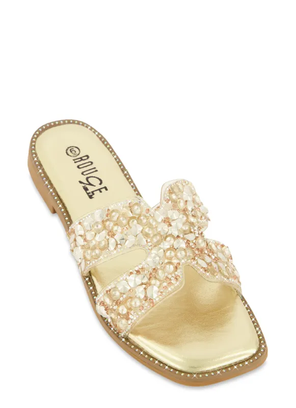 Studded Rhinestone H Band Slide Sandals sold by Rainbow