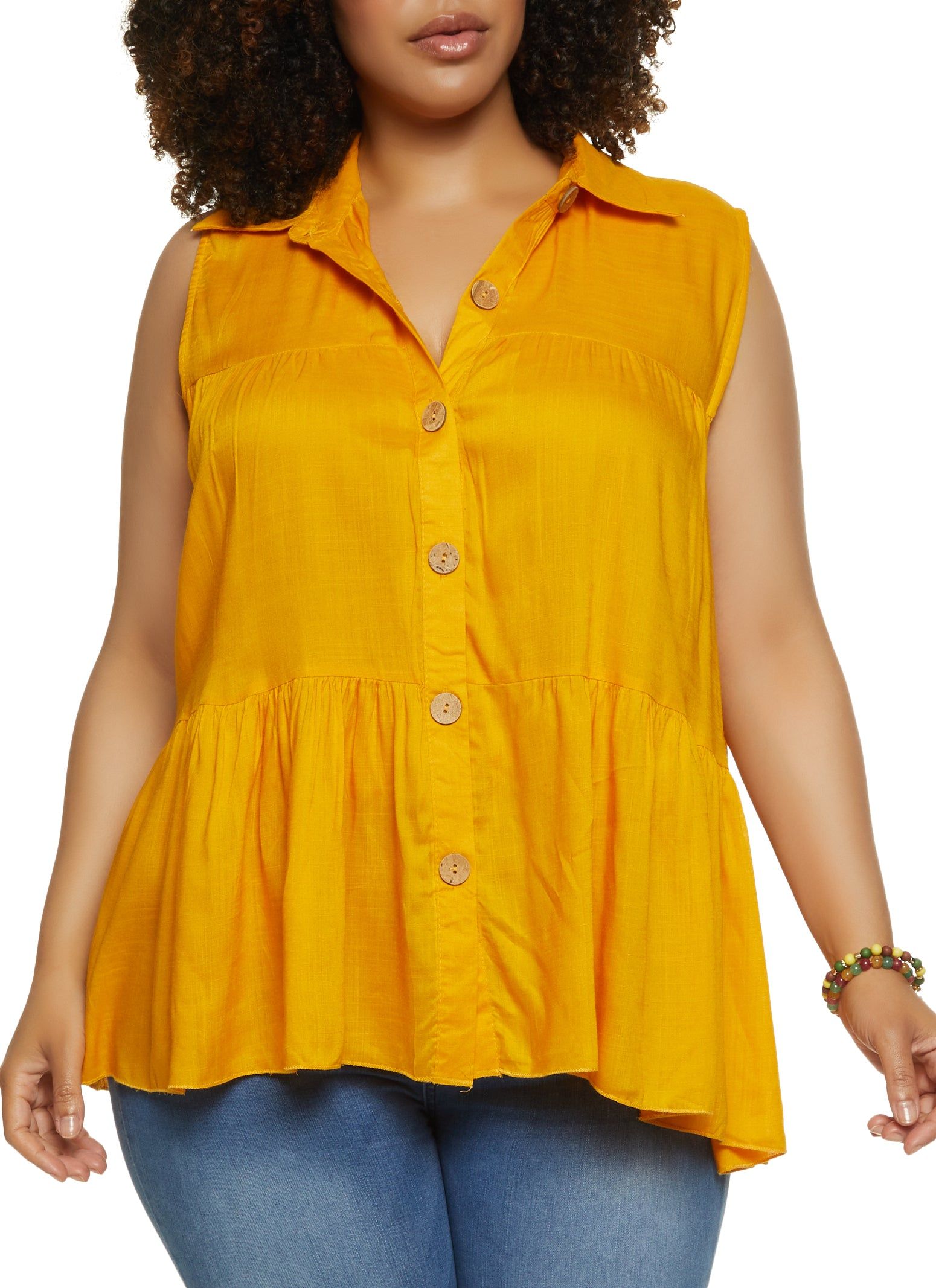 Plus Size Linen Tiered Button Front Shirt sold by Rainbow