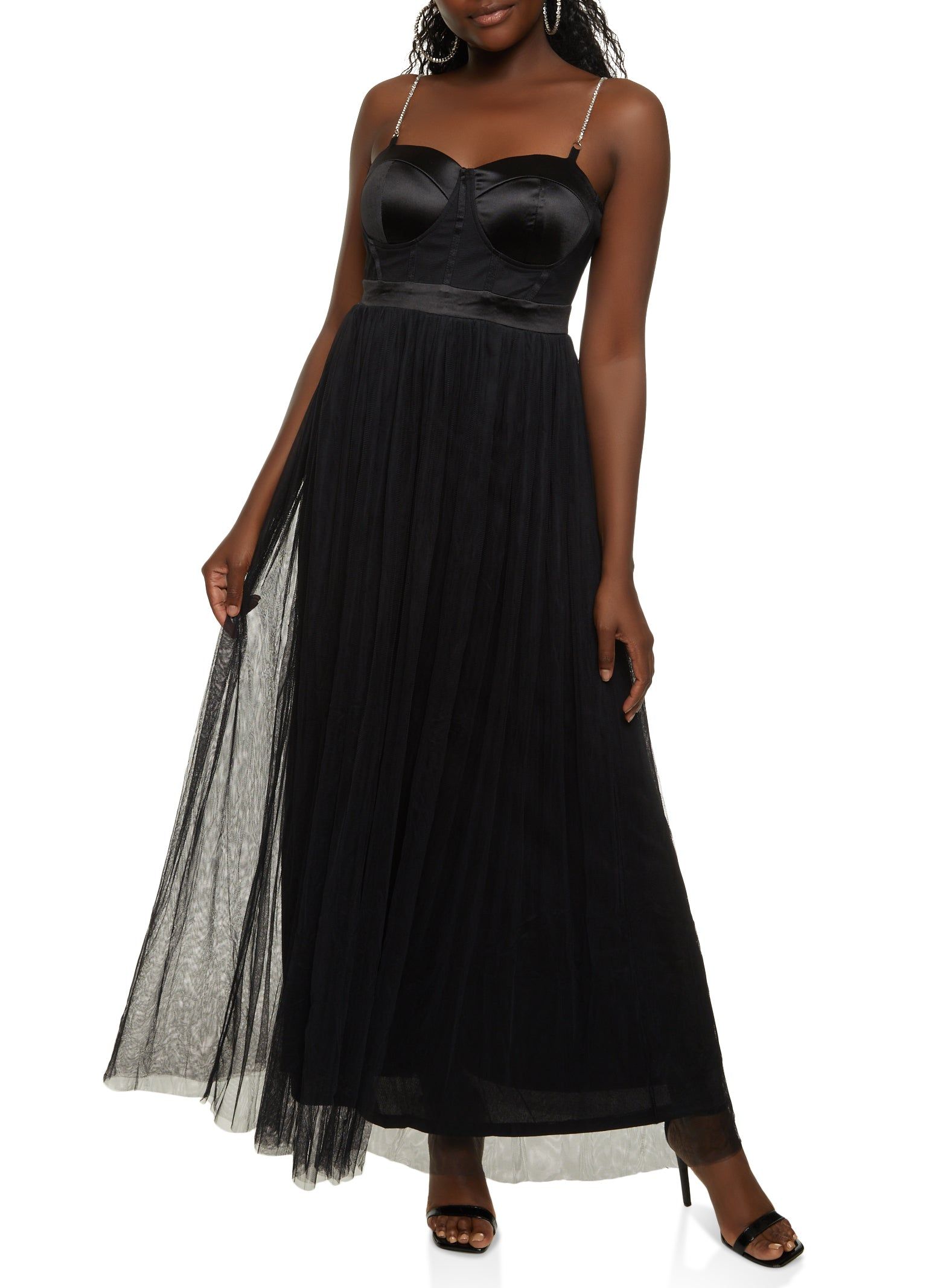 Rhinestone Strap Tulle Corset Maxi Dress sold by Rainbow