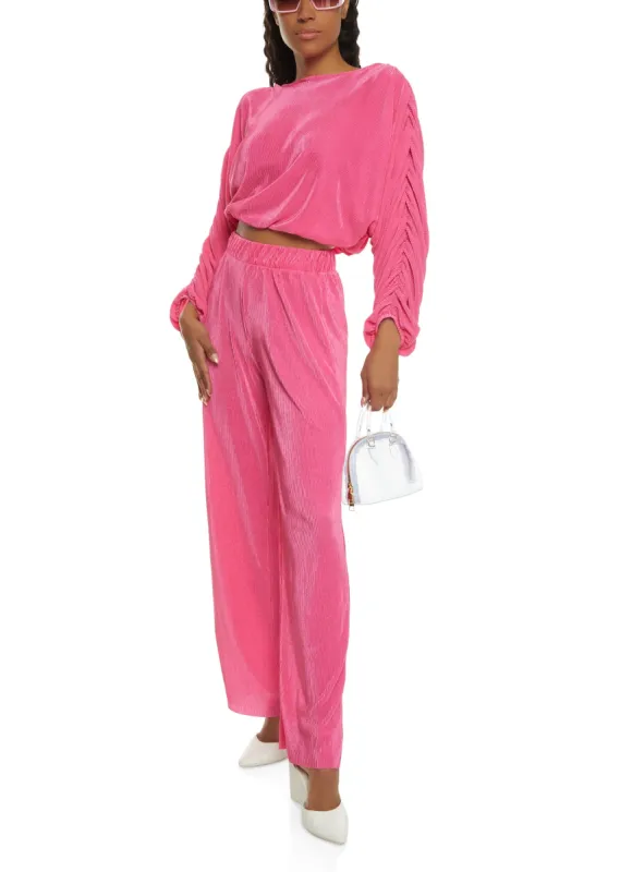 Plisse Ruched Sleeve Blouse and Wide Leg Pants sold by Rainbow