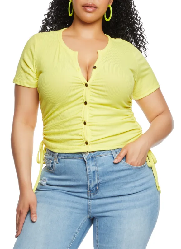 Plus Size Rib Knit Button Front Ruched Tee sold by Rainbow