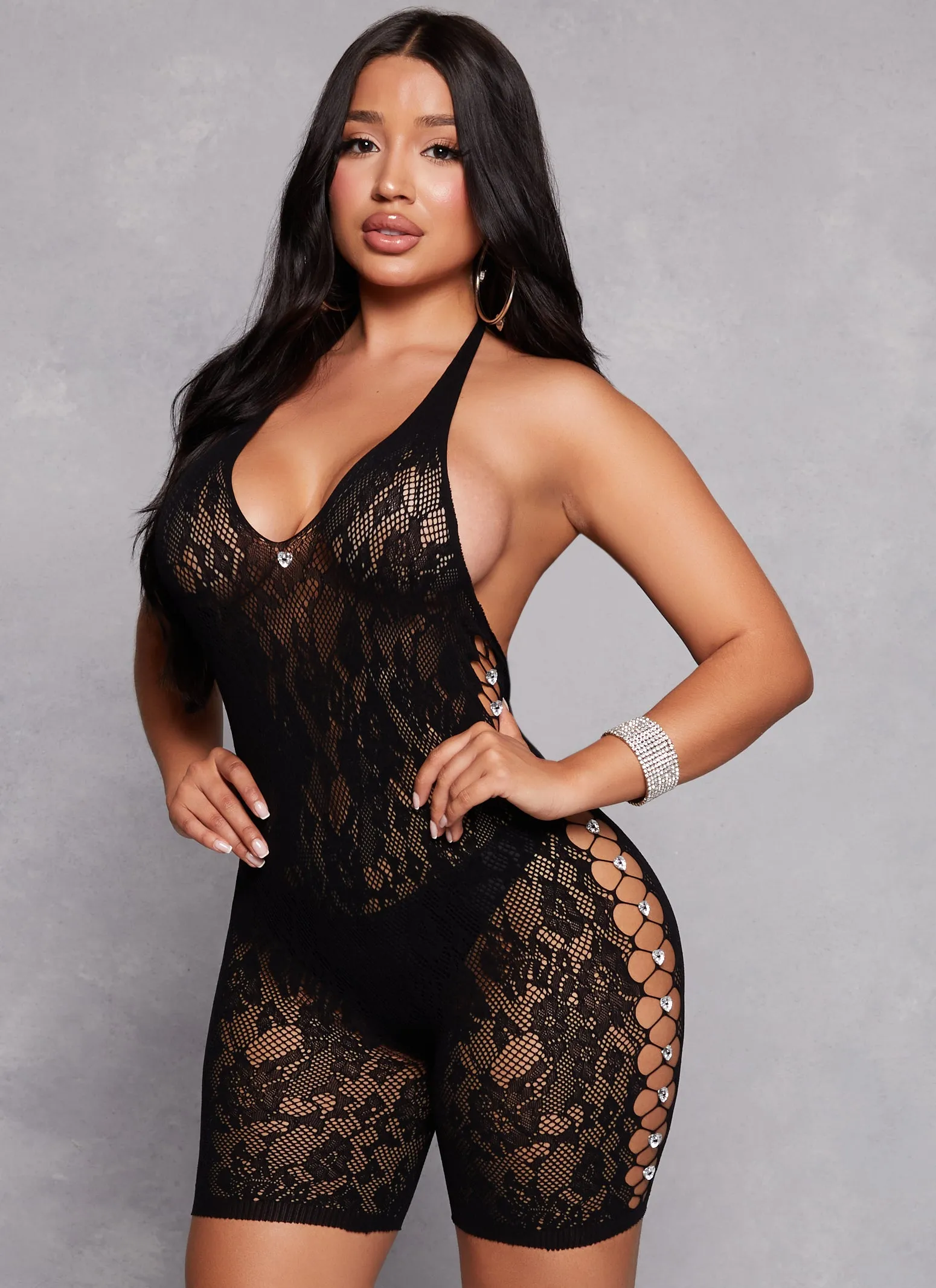 Seamless Rhinestone Cut Out Detail Halter Romper sold by Rainbow