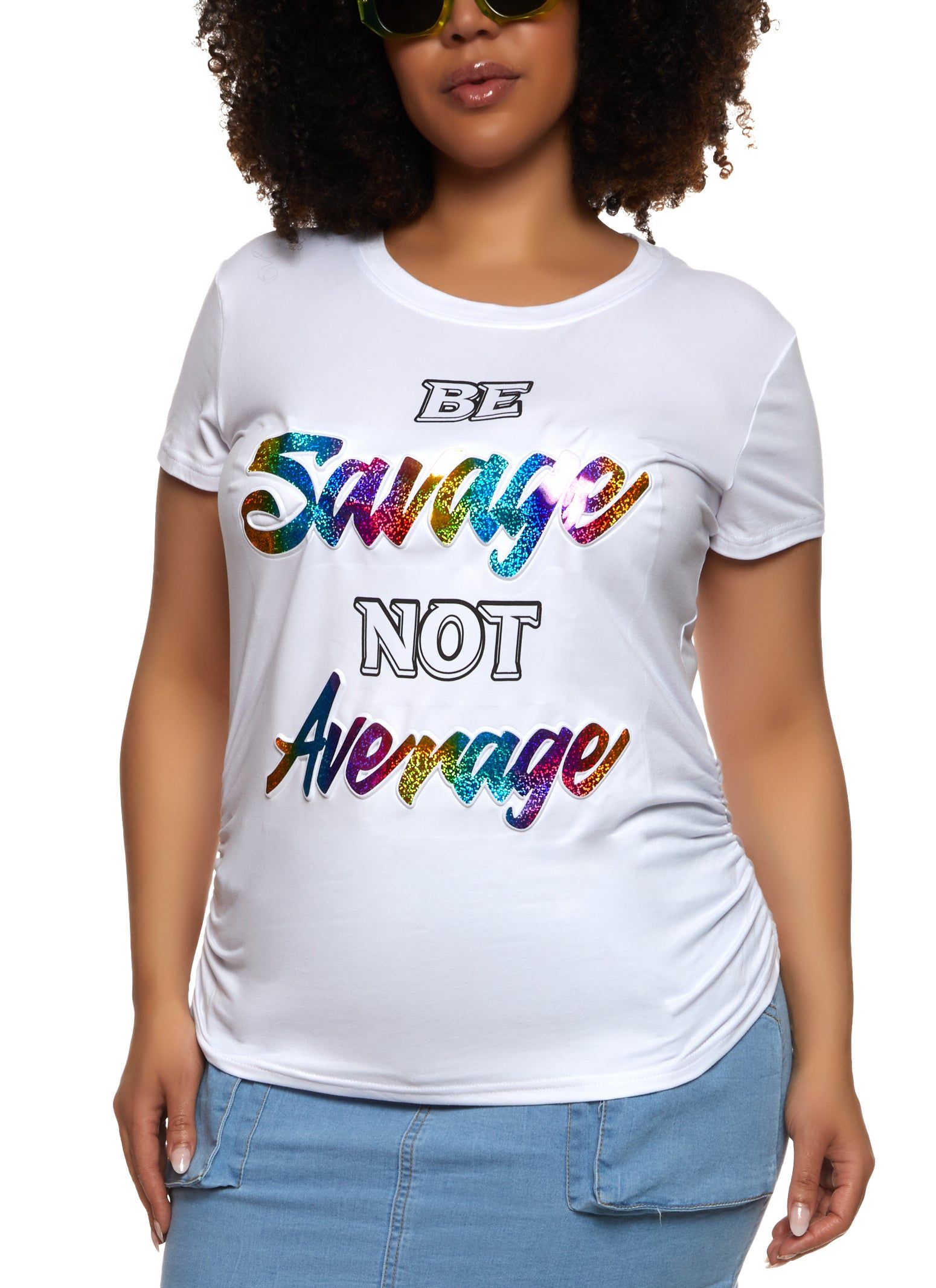 Plus Size Be Savage Not Average Embossed Foil Graphic Tee sold by Rainbow