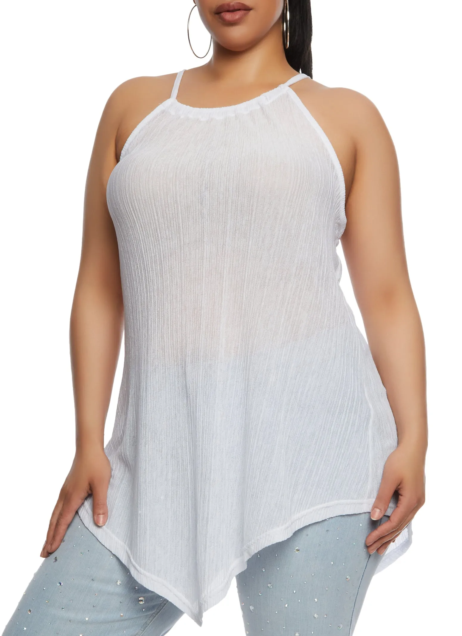 Plus Size Textured Knit High Neck Hanky Hem Top sold by Rainbow