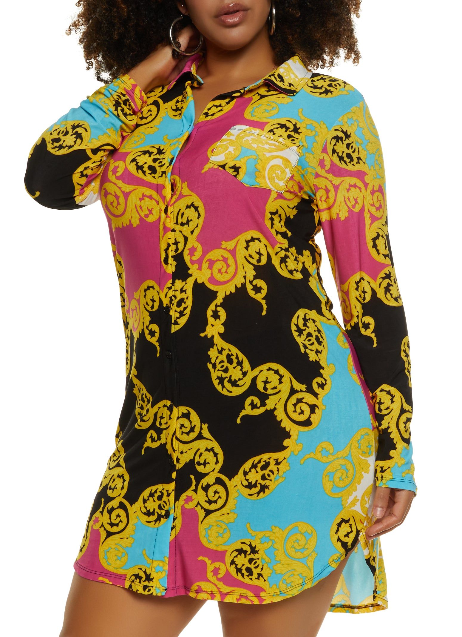 Plus Size Status Print Button Front Shirt Dress sold by Rainbow