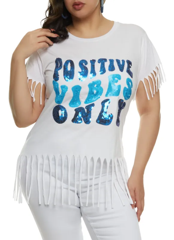 Plus Size Positive Vibes Only Fringe Sequin Graphic Tee sold by Rainbow