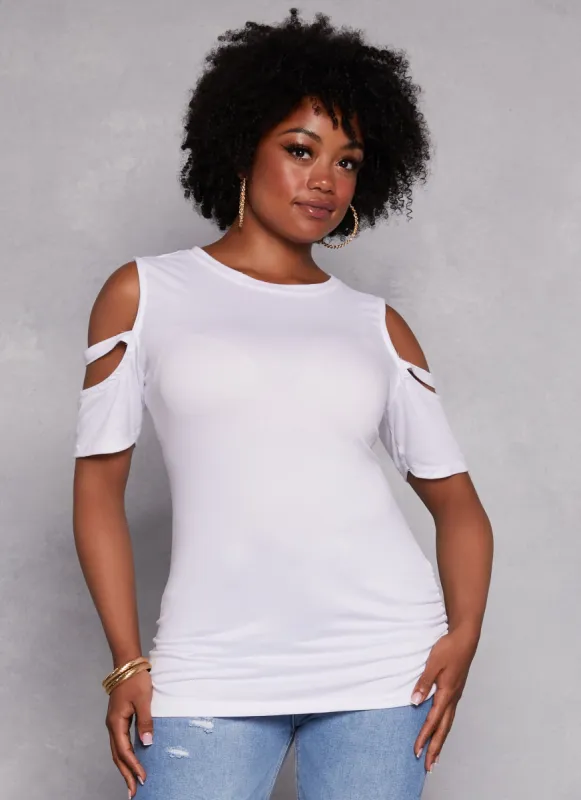 Plus Size Ruched Caged Cold Shoulder Top sold by Rainbow
