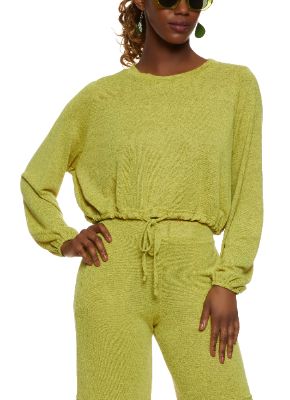 Brushed Knit Puff Sleeve Drawstring Hem Top sold by Rainbow