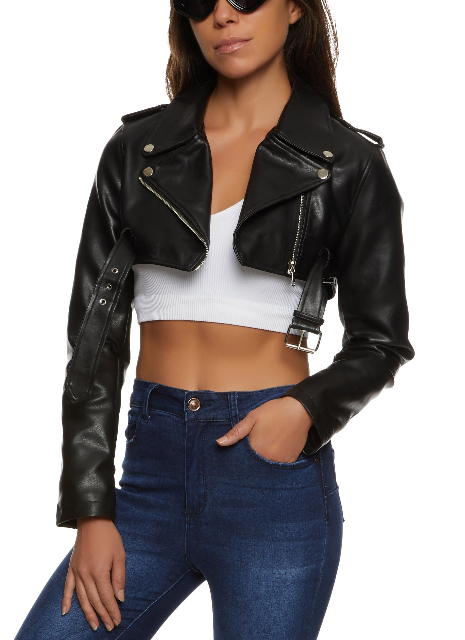Faux Leather Cropped Moto Jacket sold by Rainbow