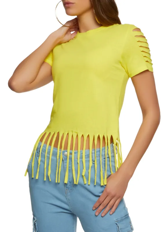 Solid Laser Cut Fringe Hem T Shirt sold by Rainbow