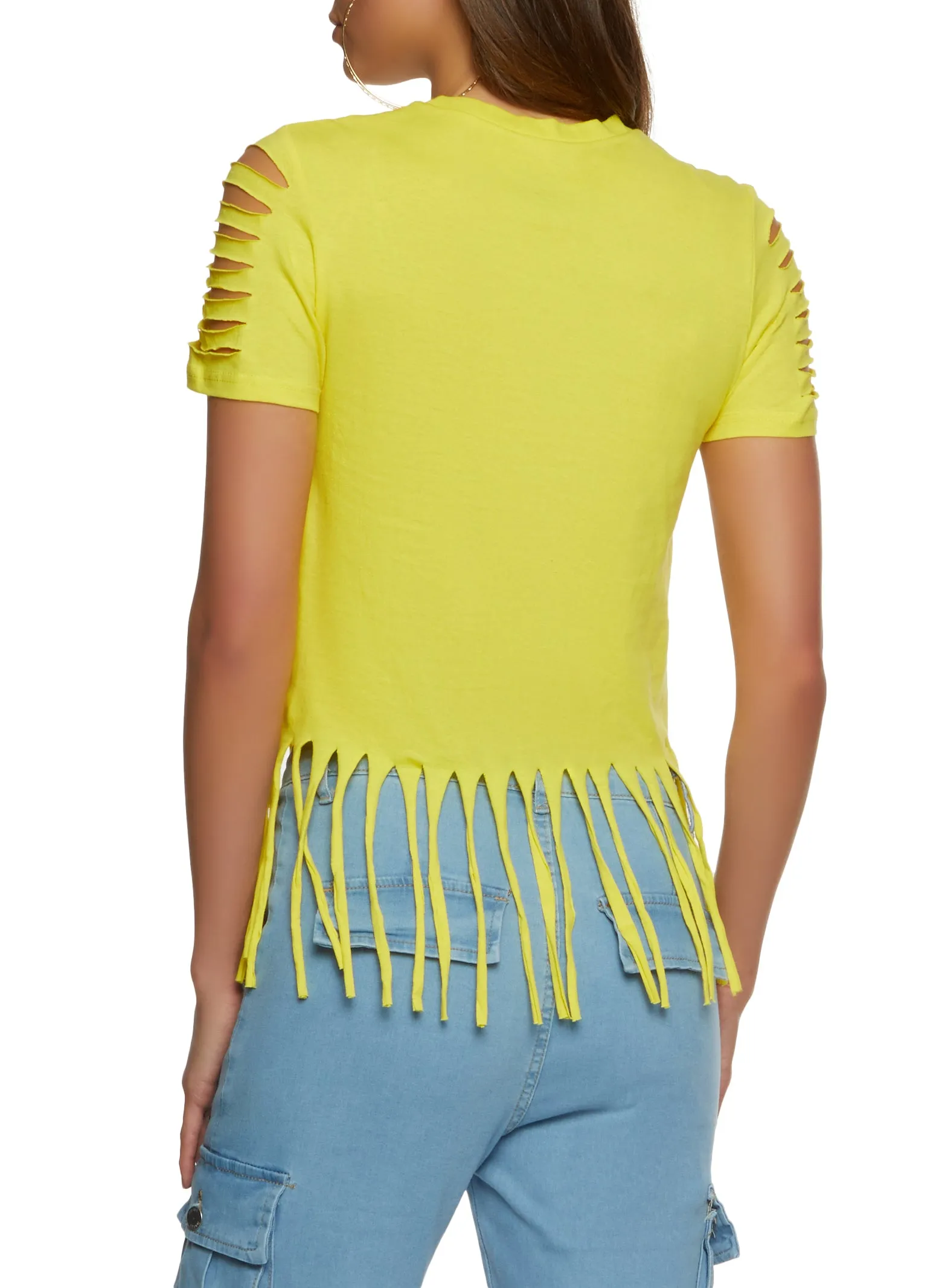 Solid Laser Cut Fringe Hem T Shirt sold by Rainbow product image thumbnail 2