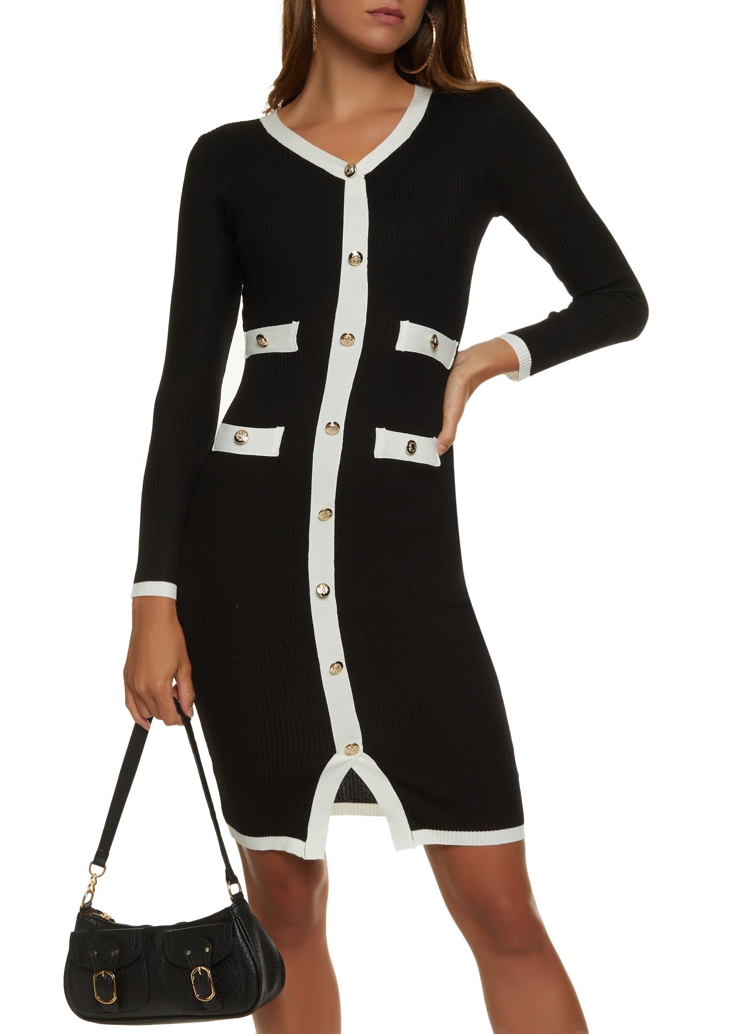 Ribbed Knit Faux Button Front Midi Dress sold by Rainbow