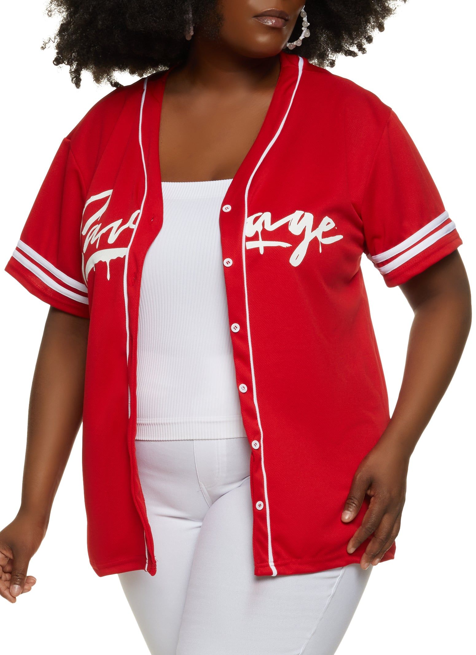 Plus Size Savage Button Front Mesh Baseball Tee sold by Rainbow