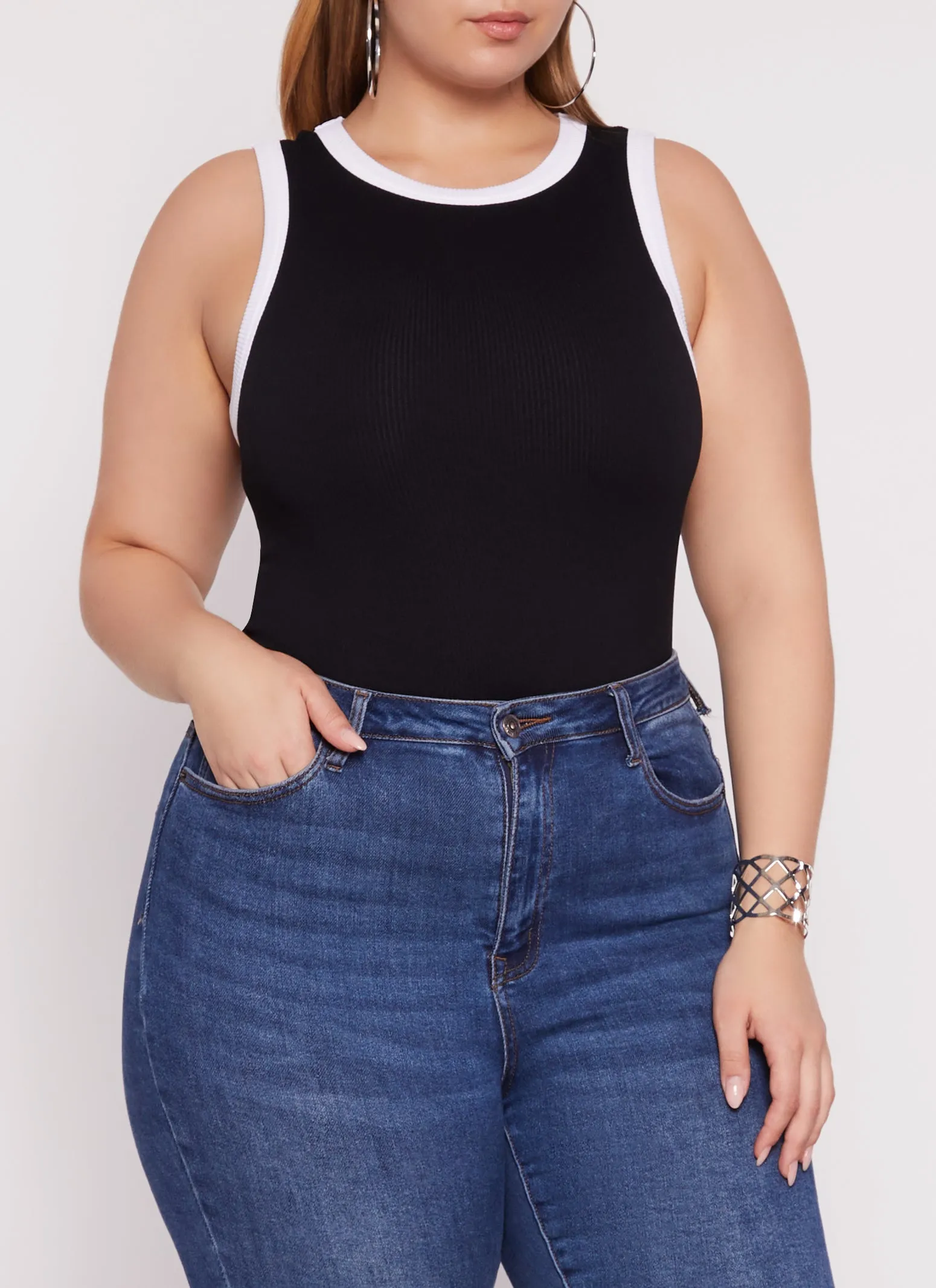 Plus Size Seamless Ribbed Contrast Trim Tank Top sold by Rainbow
