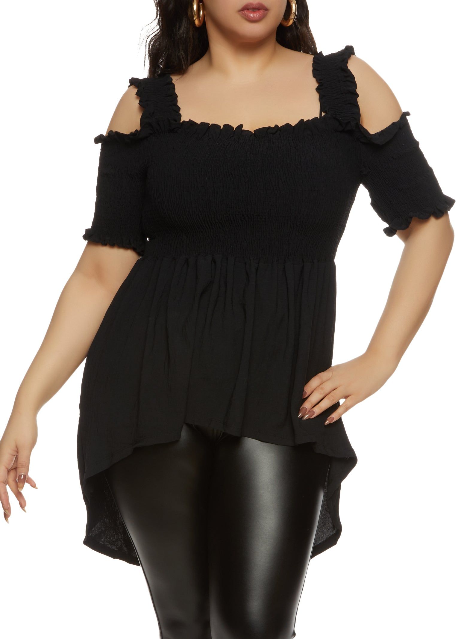 Plus Size Smocked High Low Hem Peplum Top sold by Rainbow
