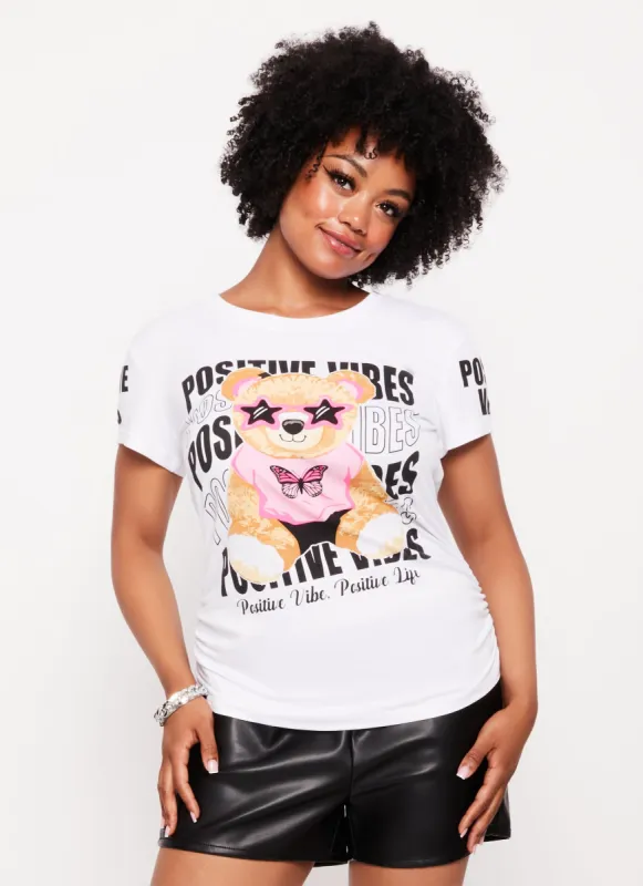 Plus Size Positive Vibes Bear Ruched Graphic Tee sold by Rainbow