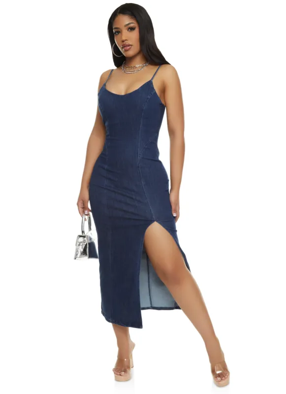 Haute Monde Denim Side Slit Cami Midi Dress sold by Rainbow