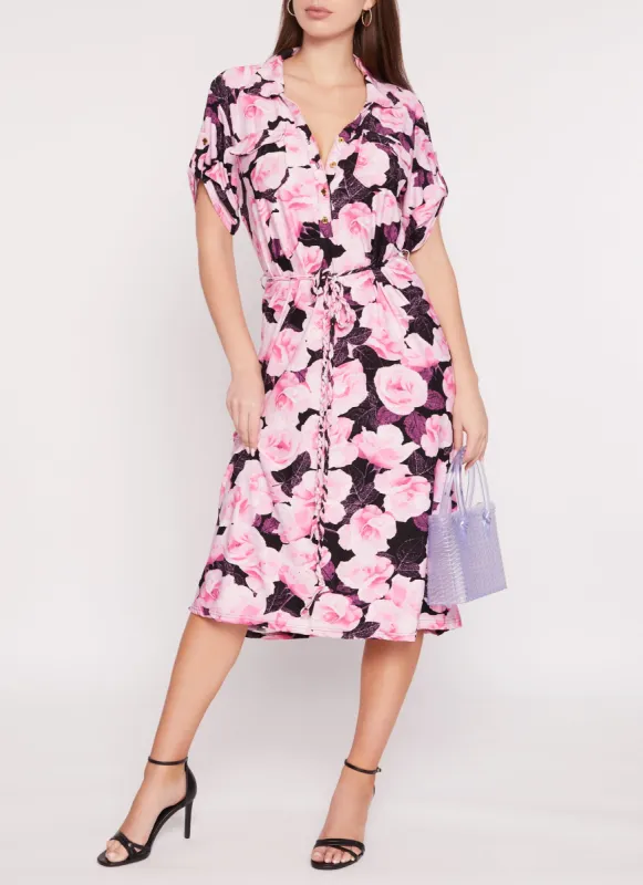 Floral Print Tabbed Sleeve Midi Shirt Dress sold by Rainbow