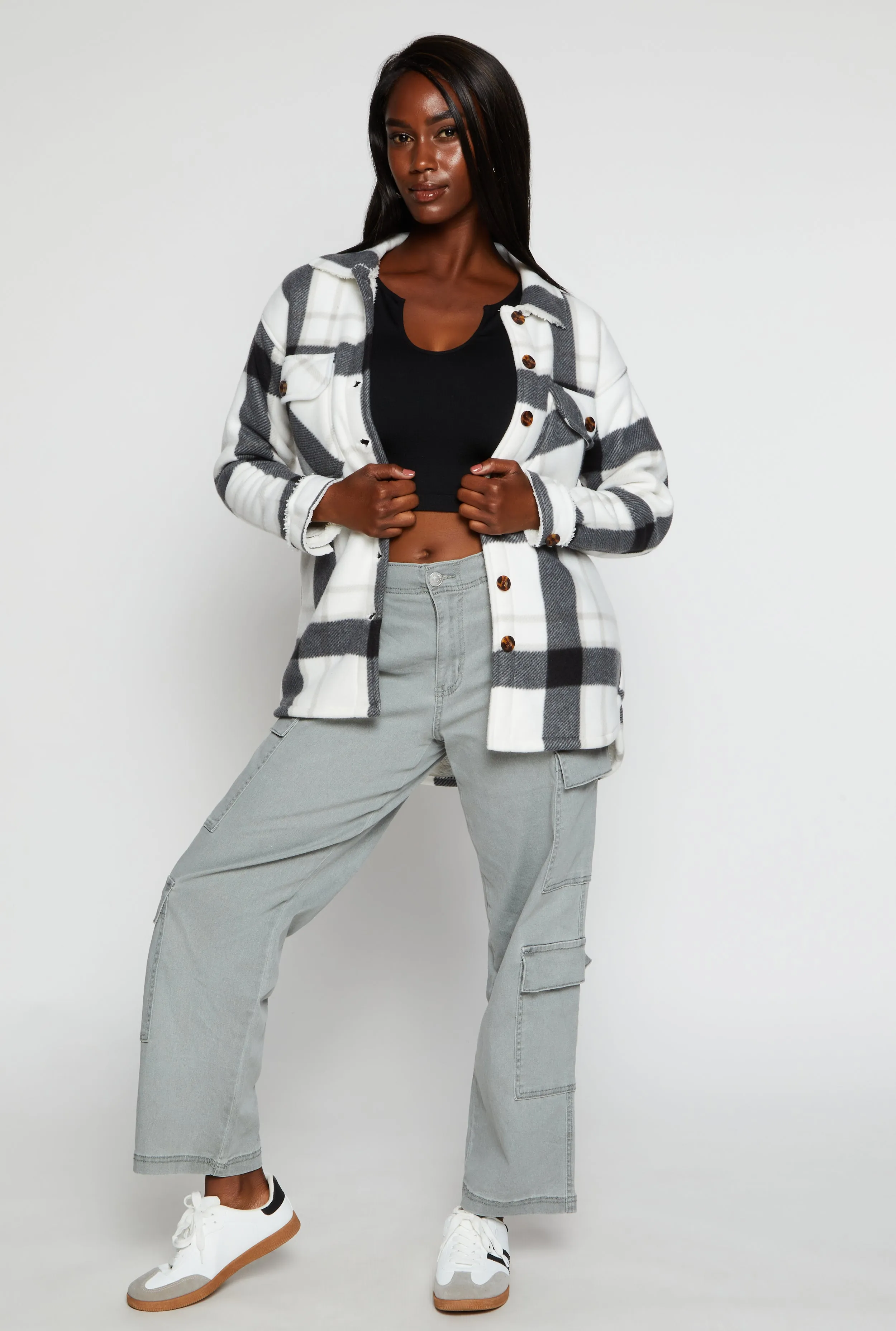 Plaid Sherpa Lined Button Front Shacket sold by Rainbow product image thumbnail 2