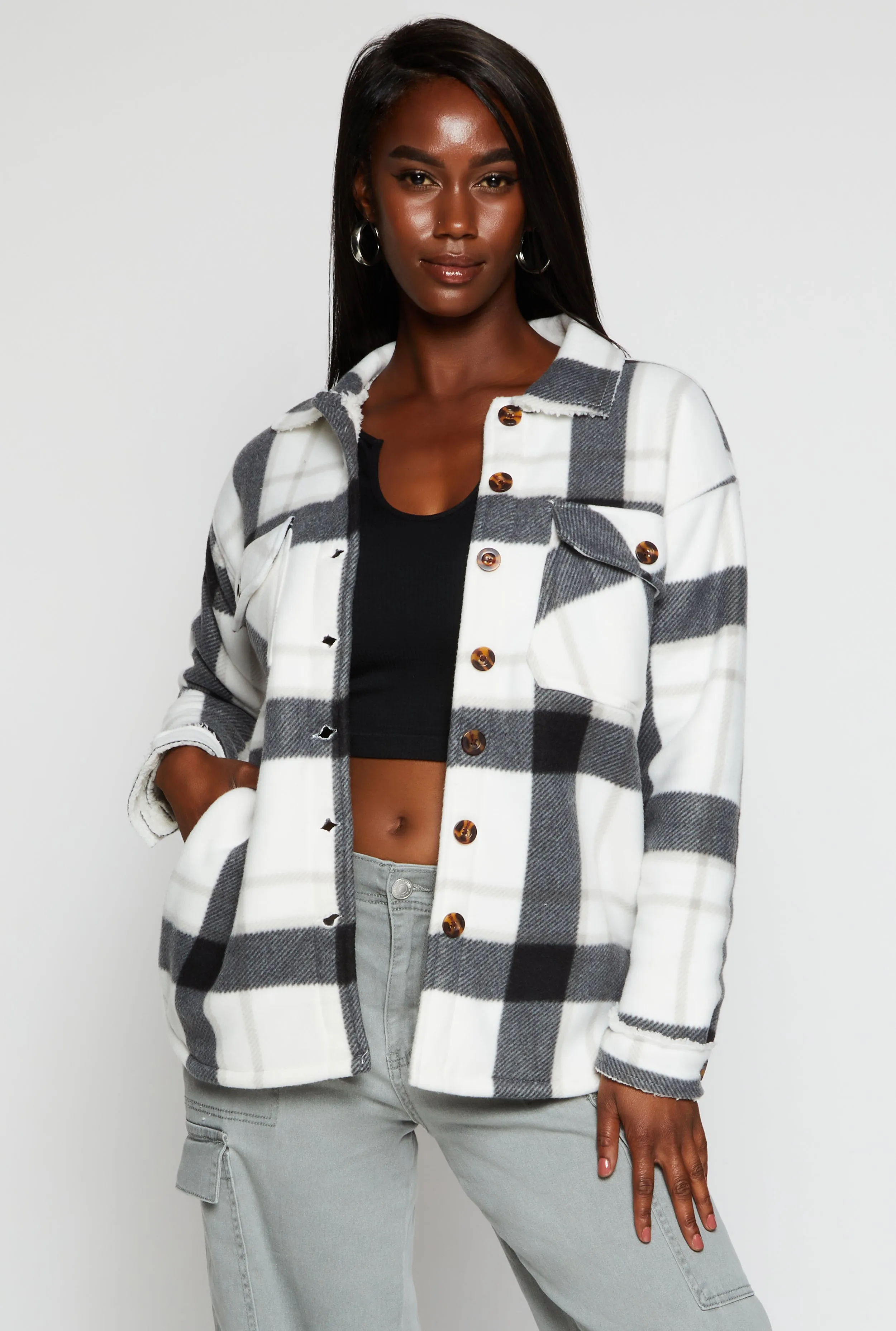 Plaid Sherpa Lined Button Front Shacket sold by Rainbow