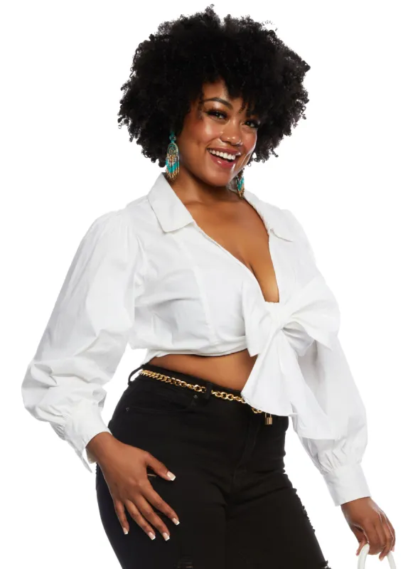 Plus Size Collared Tie Front Crop Top sold by Rainbow