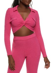 Rib Knit Collared Twist Front Crop Top sold by Rainbow