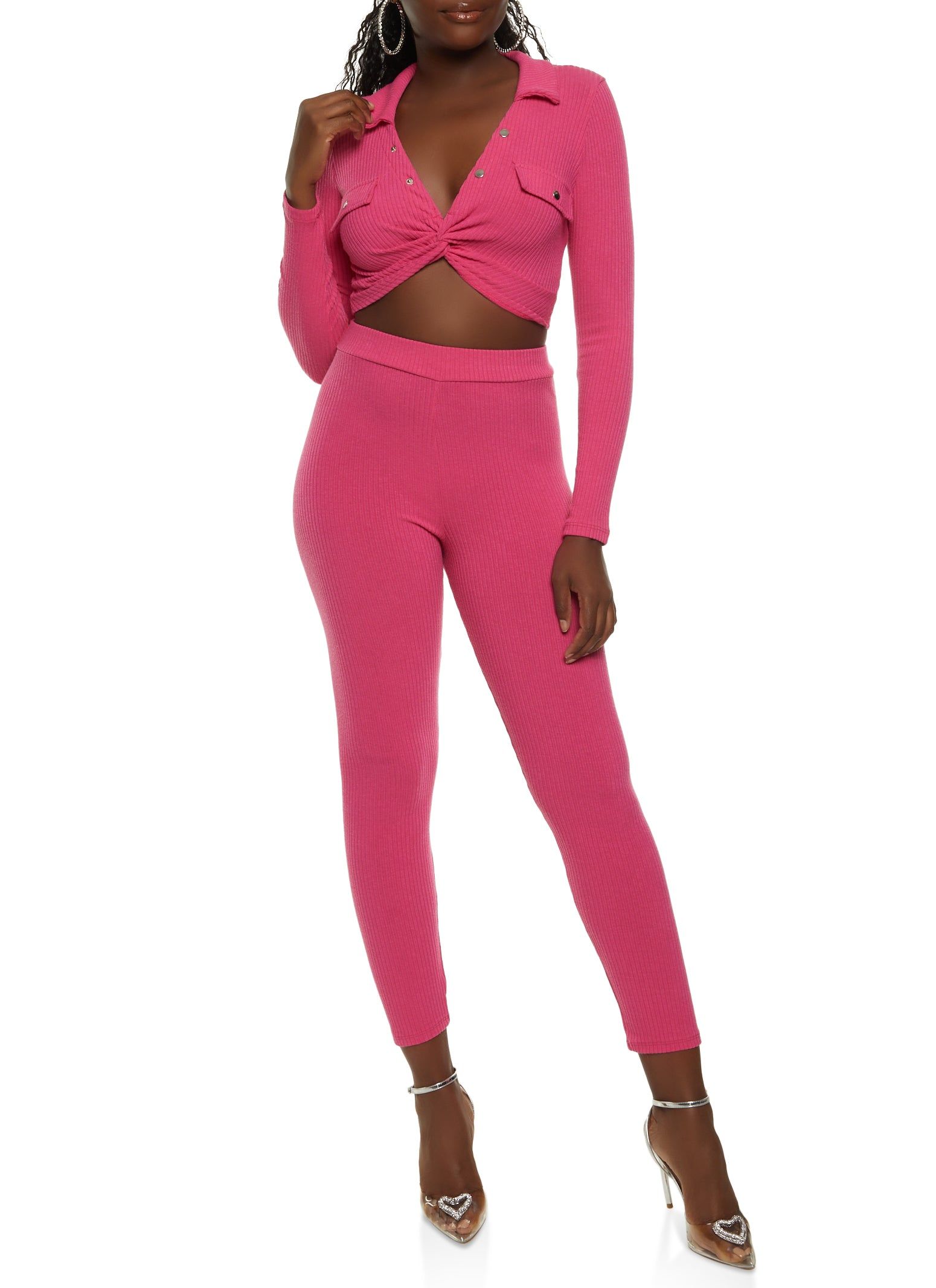 Rib Knit Collared Twist Front Crop Top sold by Rainbow product image thumbnail 2