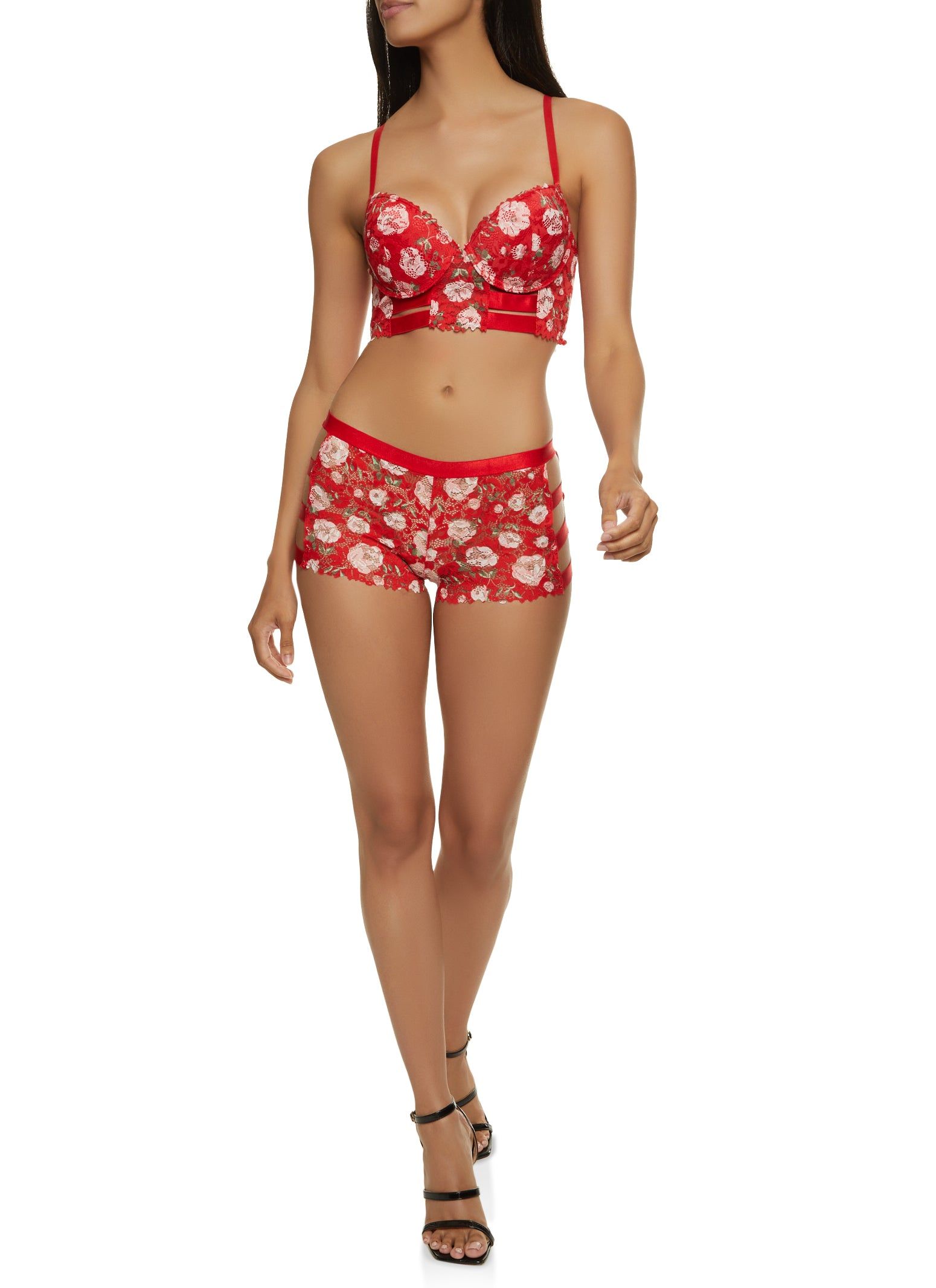 Floral Scalloped Trim Caged Long Line Plunge Bra sold by Rainbow product image thumbnail 2