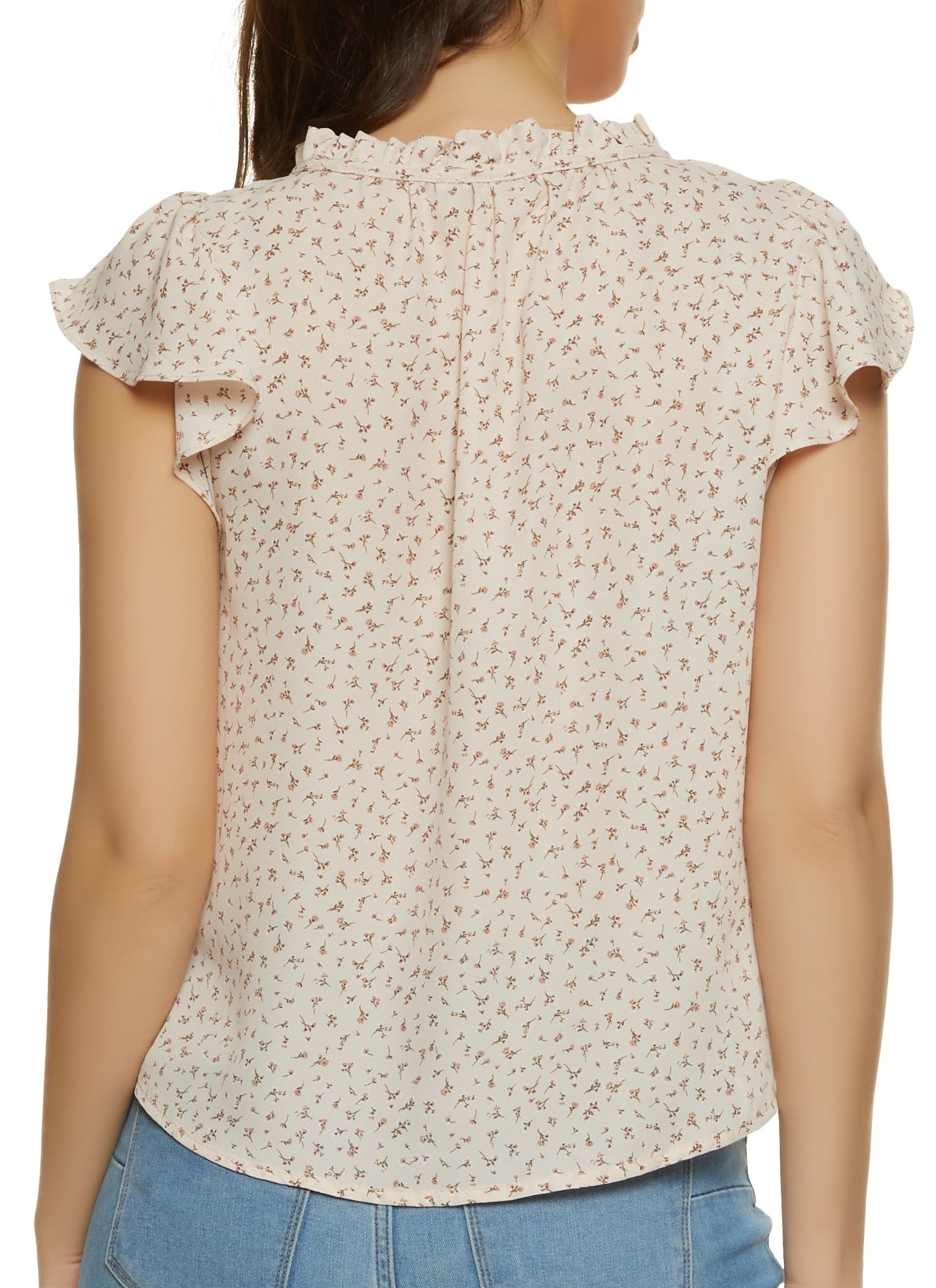 Floral Print Flutter Sleeve Tie Neck Blouse sold by Rainbow product image thumbnail 2