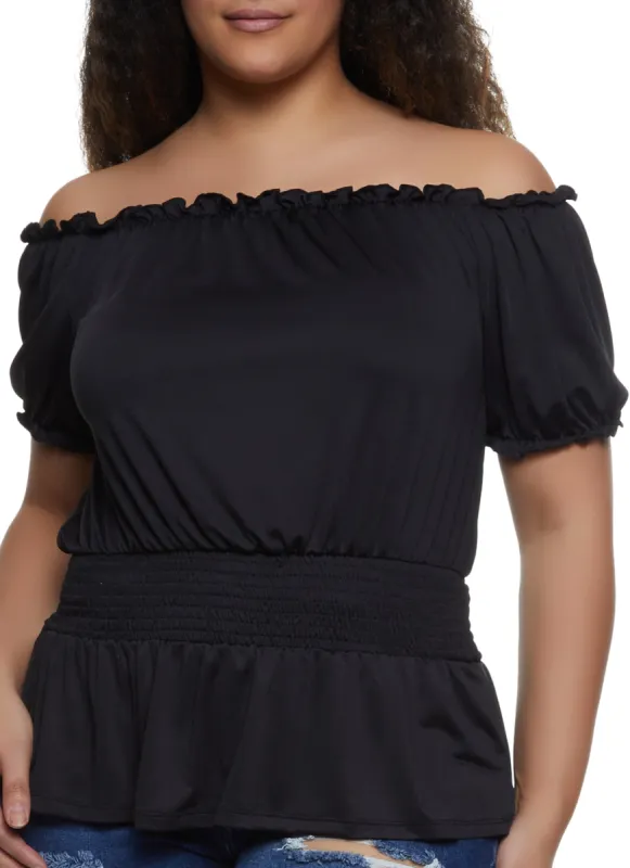 Plus Size Solid Smocked Waist Off the Shoulder Top sold by Rainbow