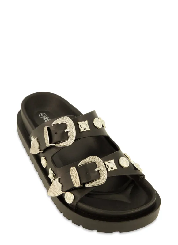 Double Buckle Band Embellished Slide Sandals sold by Rainbow