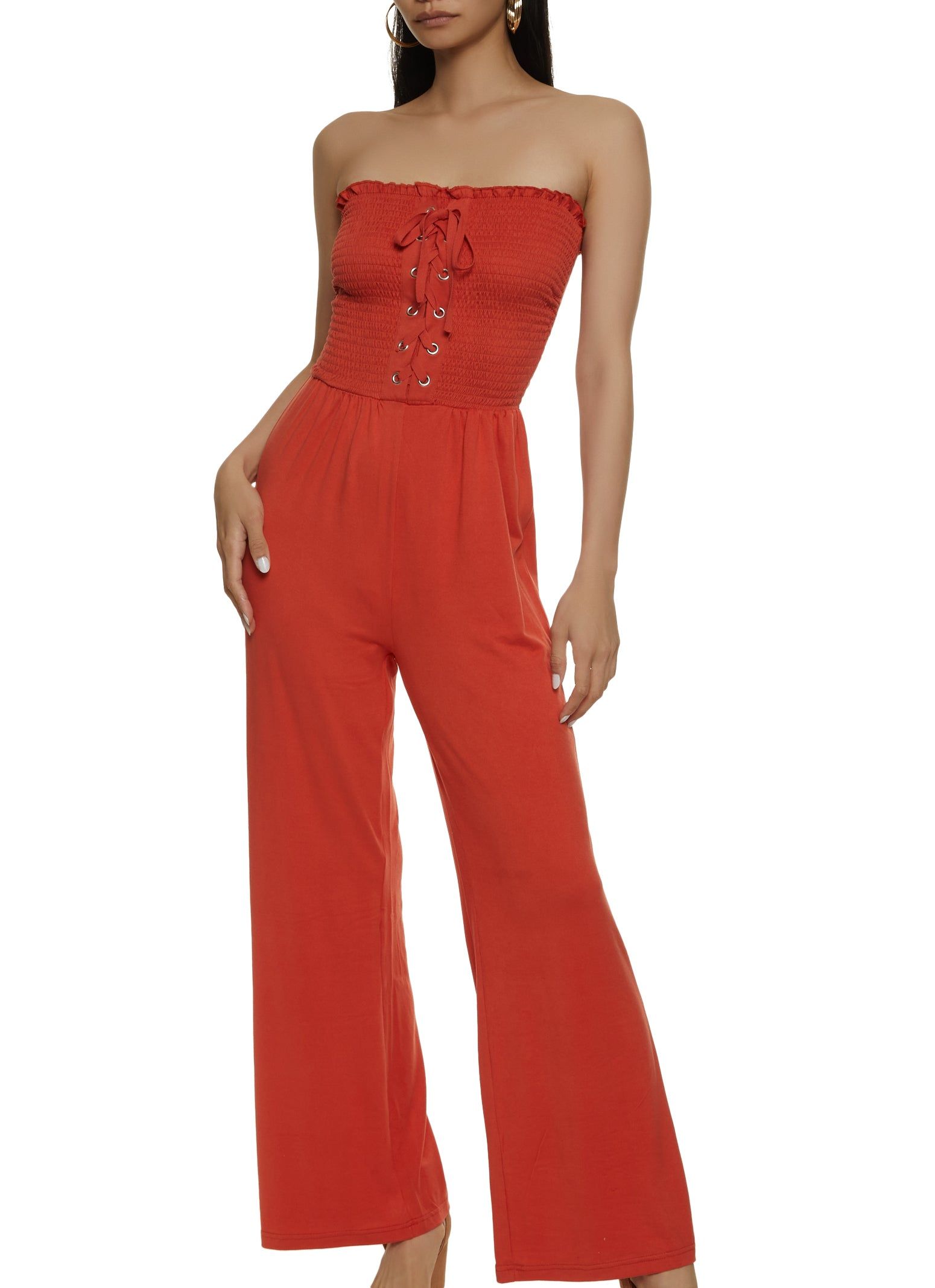 Smocked Lace Up Front Jumpsuit sold by Rainbow