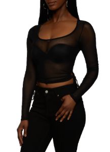 Long Sleeve Tie Side Mesh Crop Top sold by Rainbow