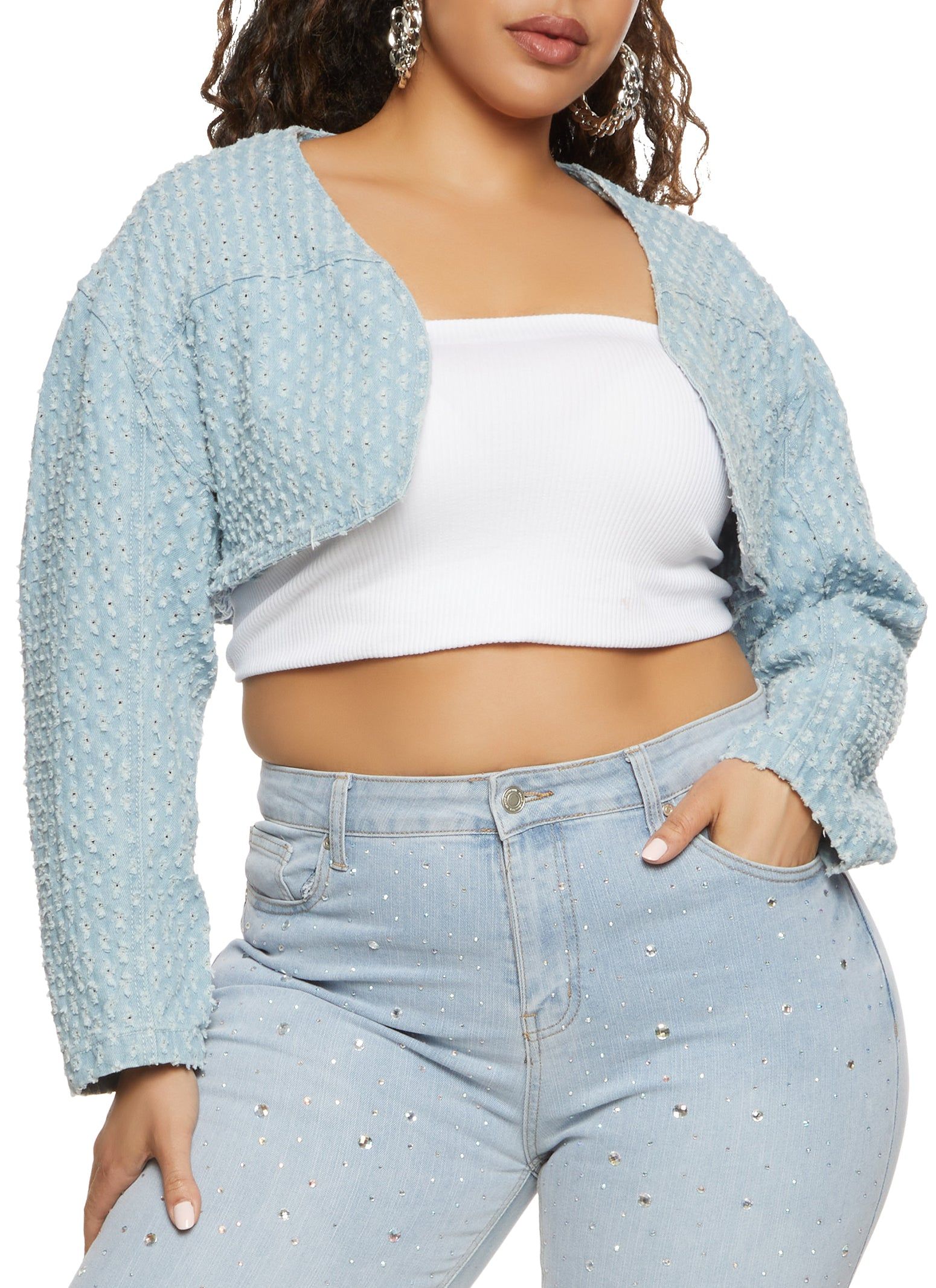 Plus Size Distressed Bolero Denim Jacket sold by Rainbow
