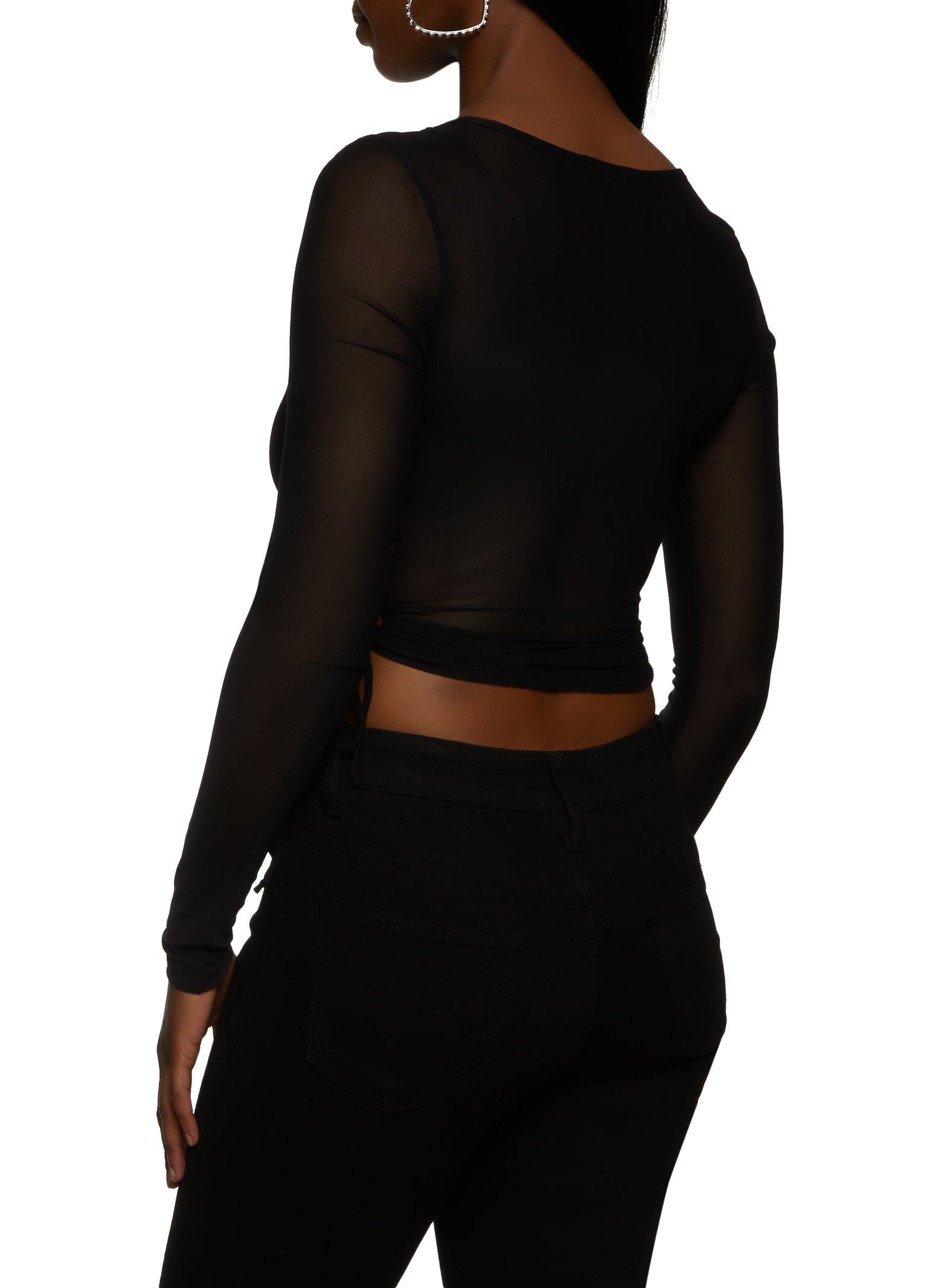 Long Sleeve Tie Side Mesh Crop Top sold by Rainbow product image thumbnail 2