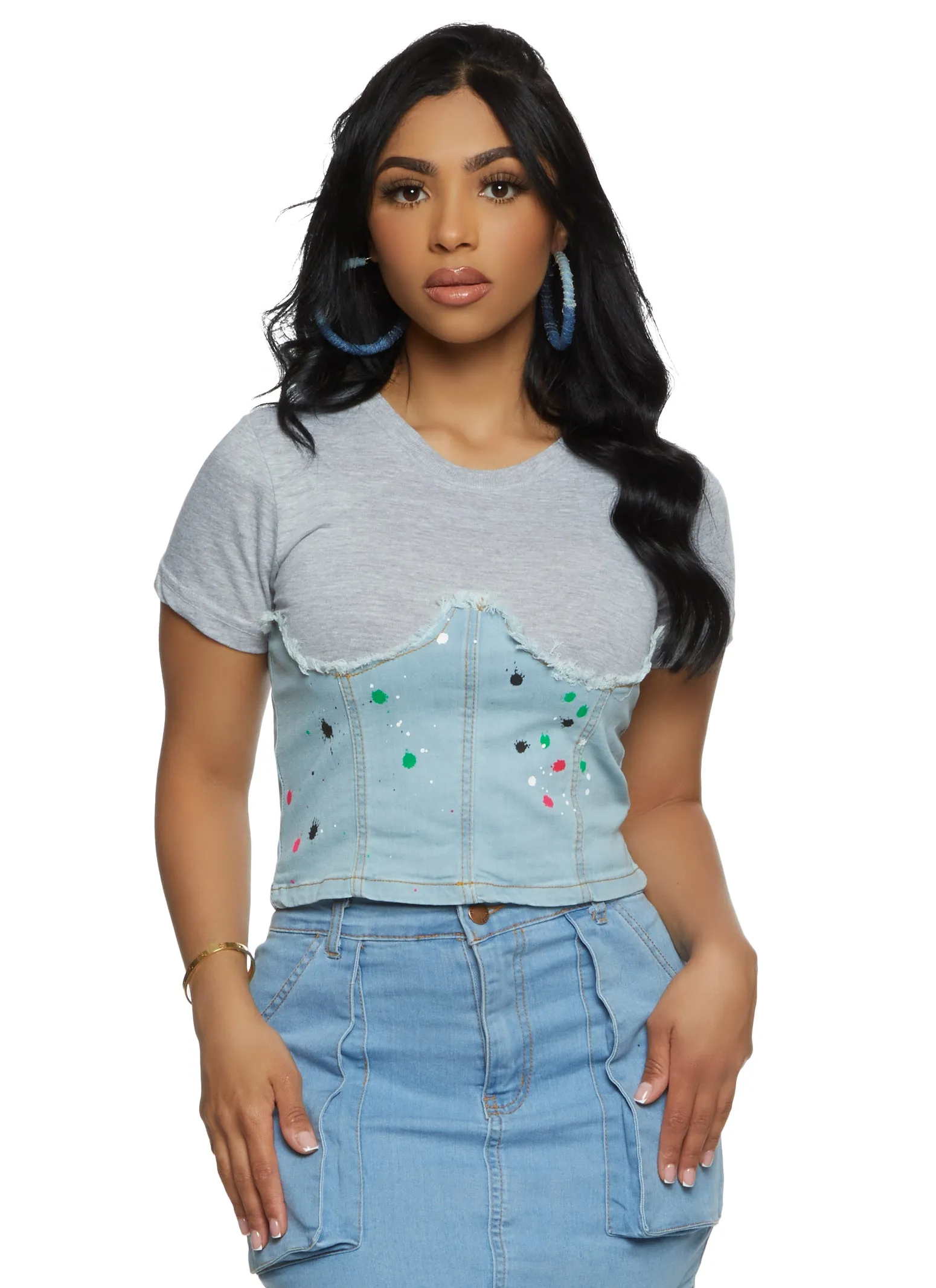 Paint Splatter Denim Corset T Shirt sold by Rainbow