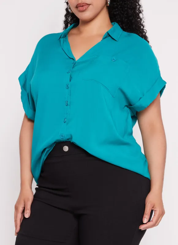 Plus Size Cuffed Sleeve Button Front Shirt sold by Rainbow