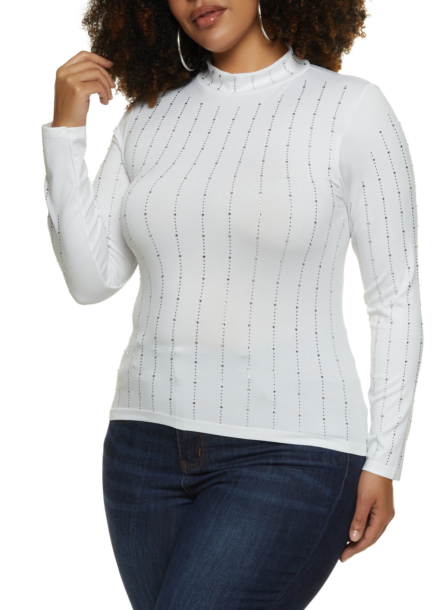 Plus Size Rhinestone Striped Mock Neck Top sold by Rainbow