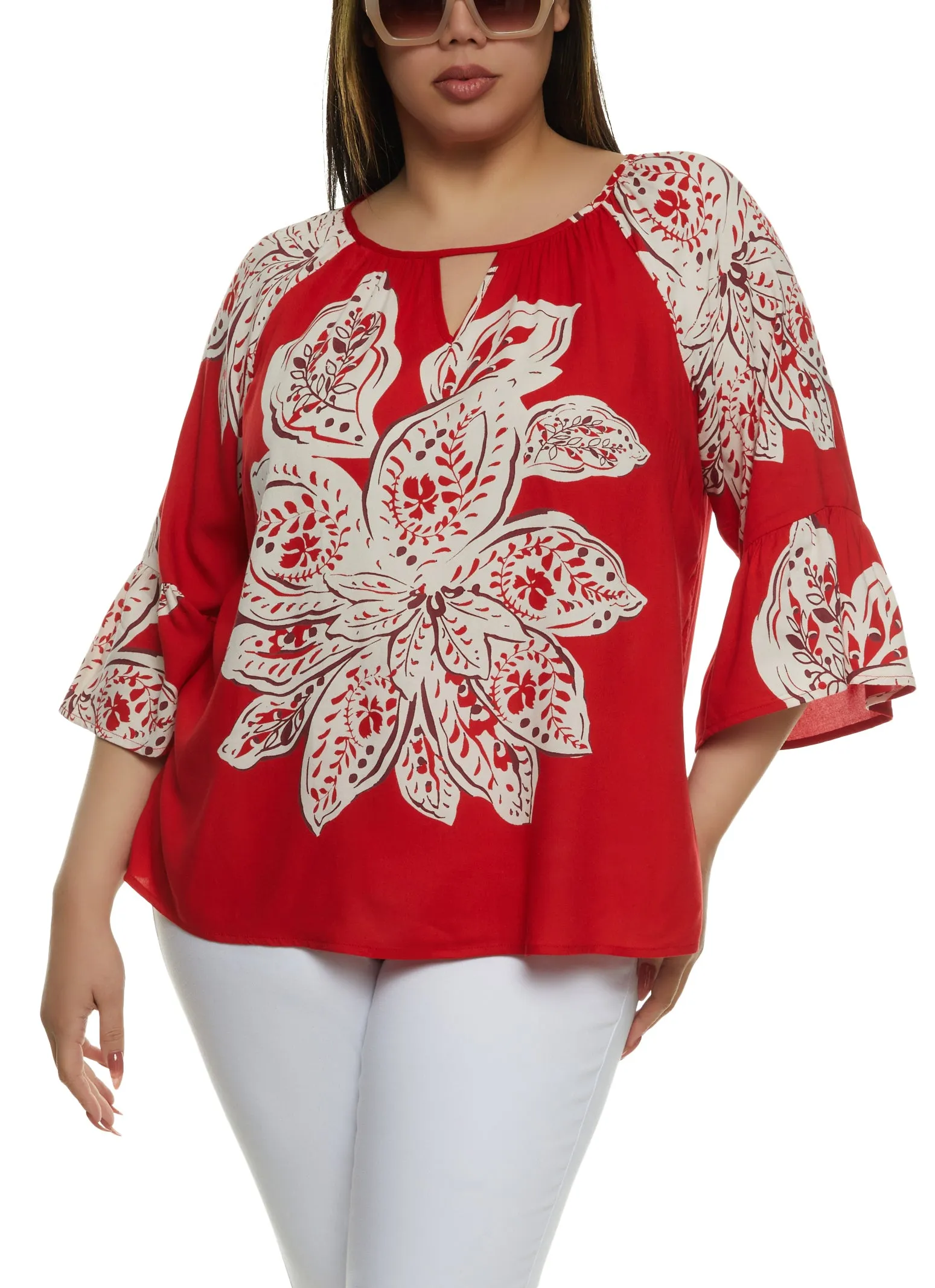 Plus Size Floral Print Bell Sleeve Blouse sold by Rainbow
