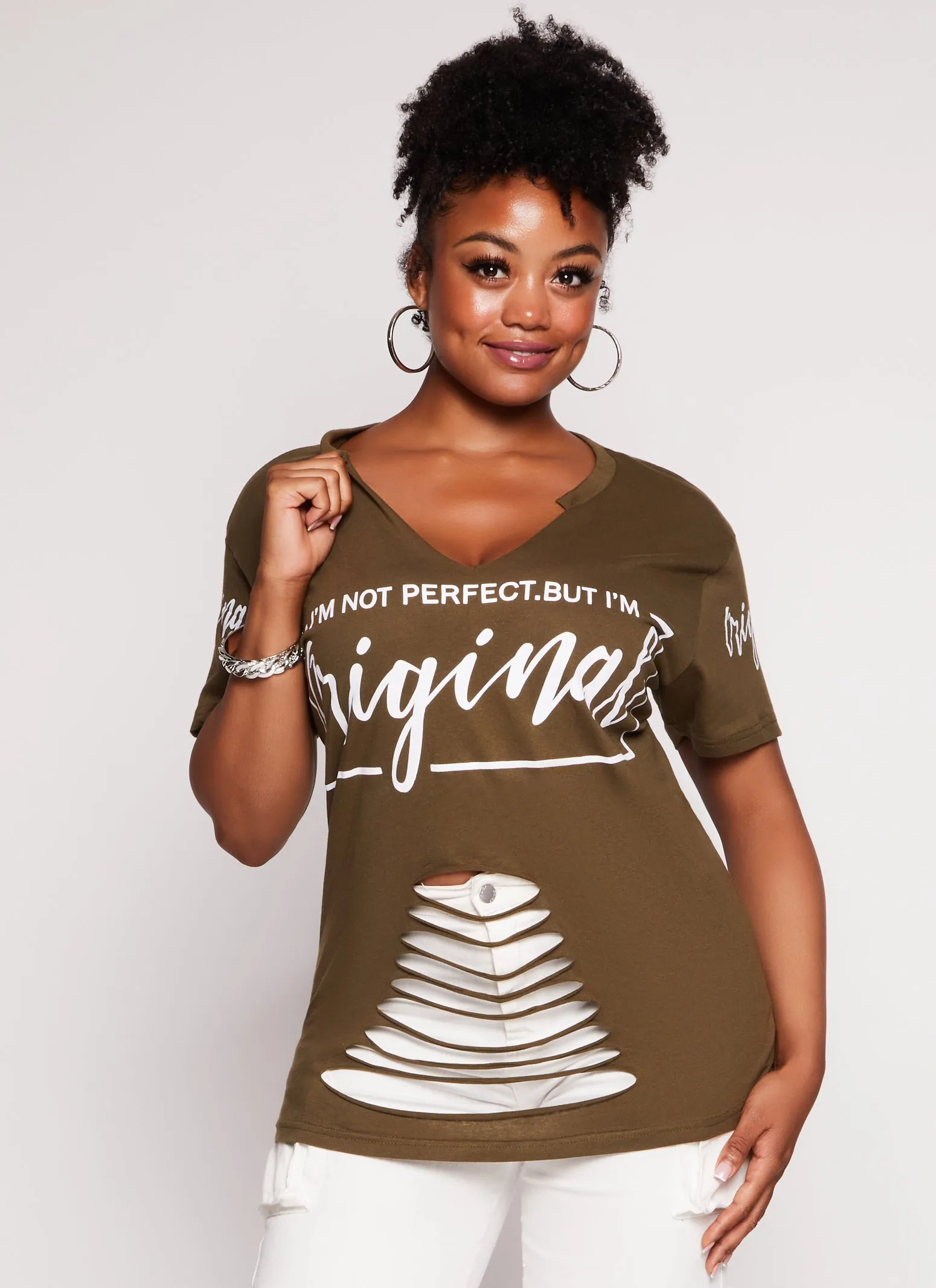 Plus Size Im Not Perfect But Im Original Laser Cut Graphic Tee sold by Rainbow